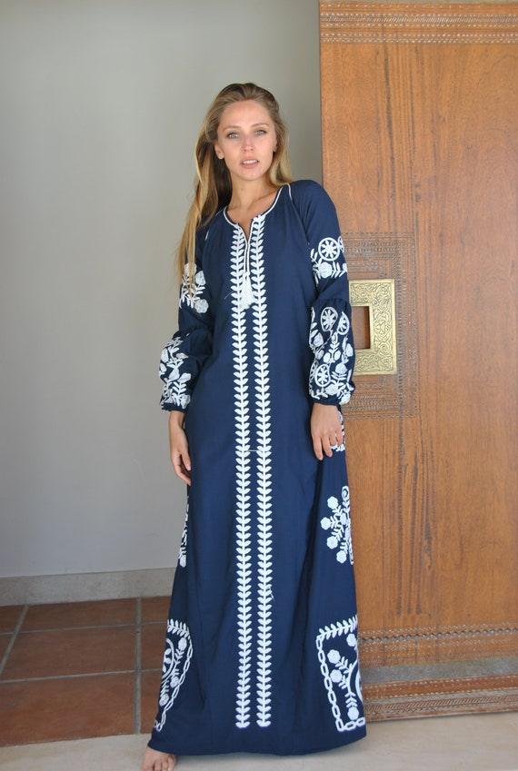 Navy blue Autumn / Winter Bohemian Maxi kaftan dress, Long sleeve cotton caftan, Chic embroidered caftan, Egyptian cotton, caftans for women, S