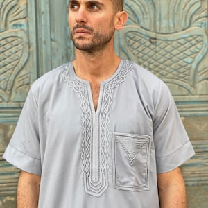 Grey embroidered cotton mens caftan, caftan, Cotton men caftan, caftans for men,  men clothing, gift for men, husband gift, gift for him