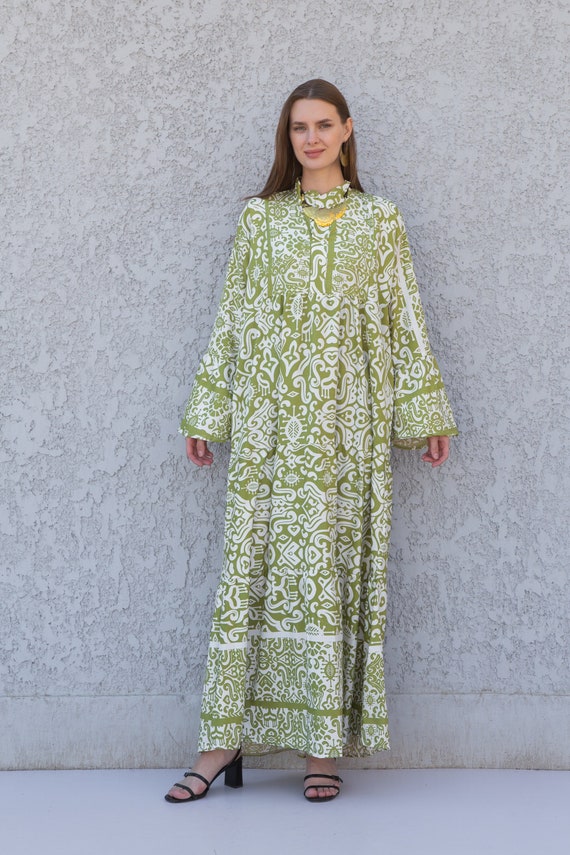 lime green kaftan dress Liah Lime Green Printed Floral Satin Kaftan Dress – House Of Haniya main image 0