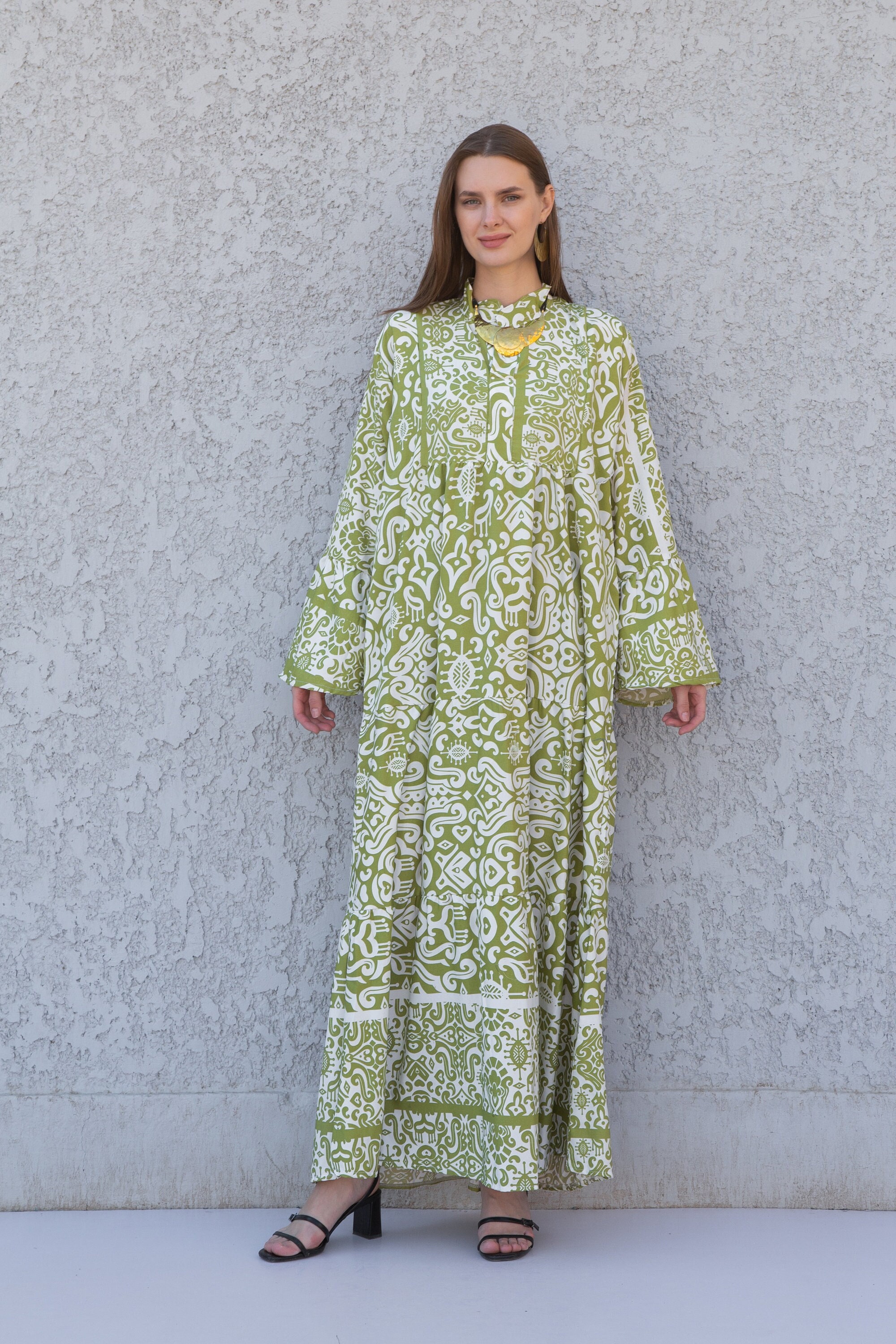 green emerald velvet dress Liah Lime Green Printed Floral Satin Kaftan Dress – House Of Haniya main image 0