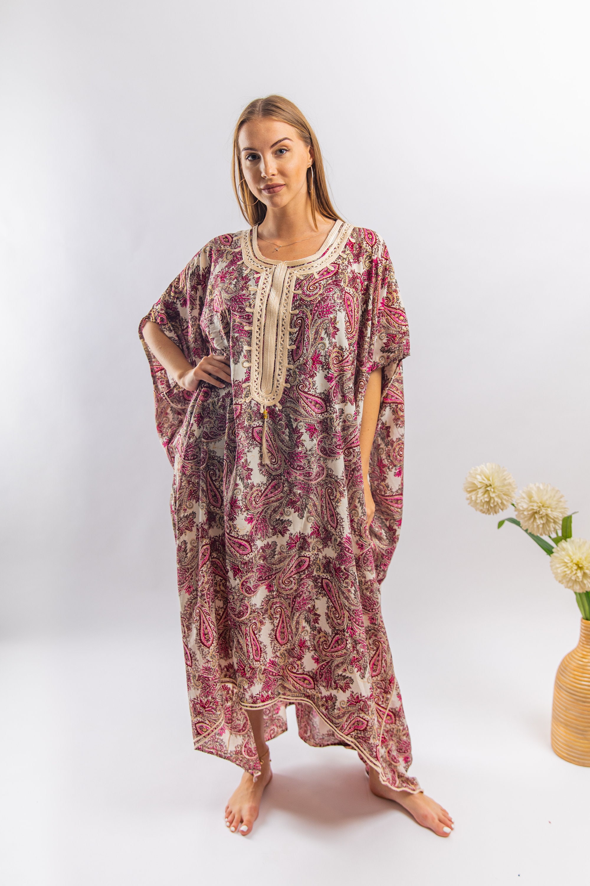 Burgundy Print Plus Size Cotton Caftan Butterfly Caftan Etsy