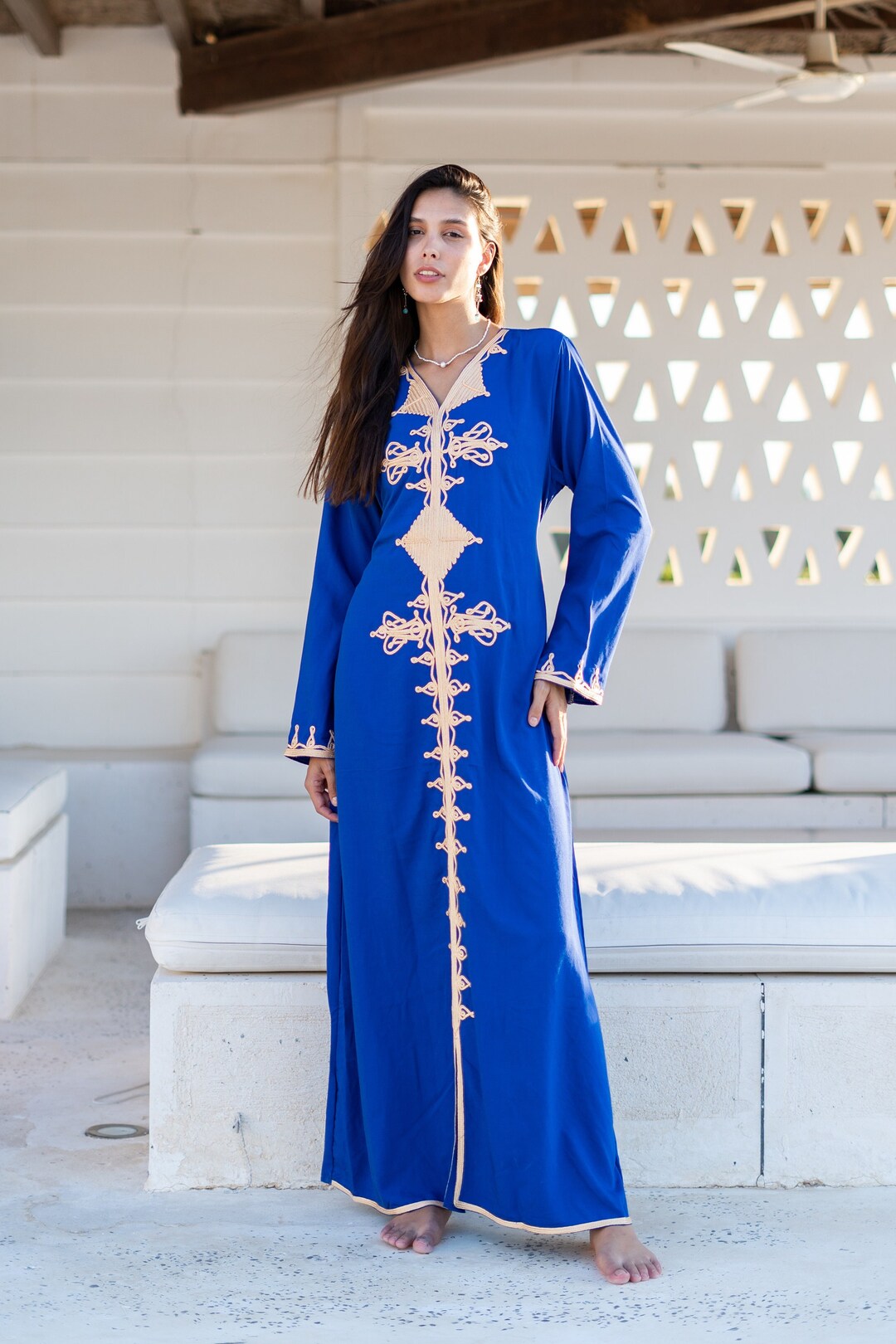 Classy Blue Embroidered Caftan Maxi Dress, Kaftan Maxi Dress