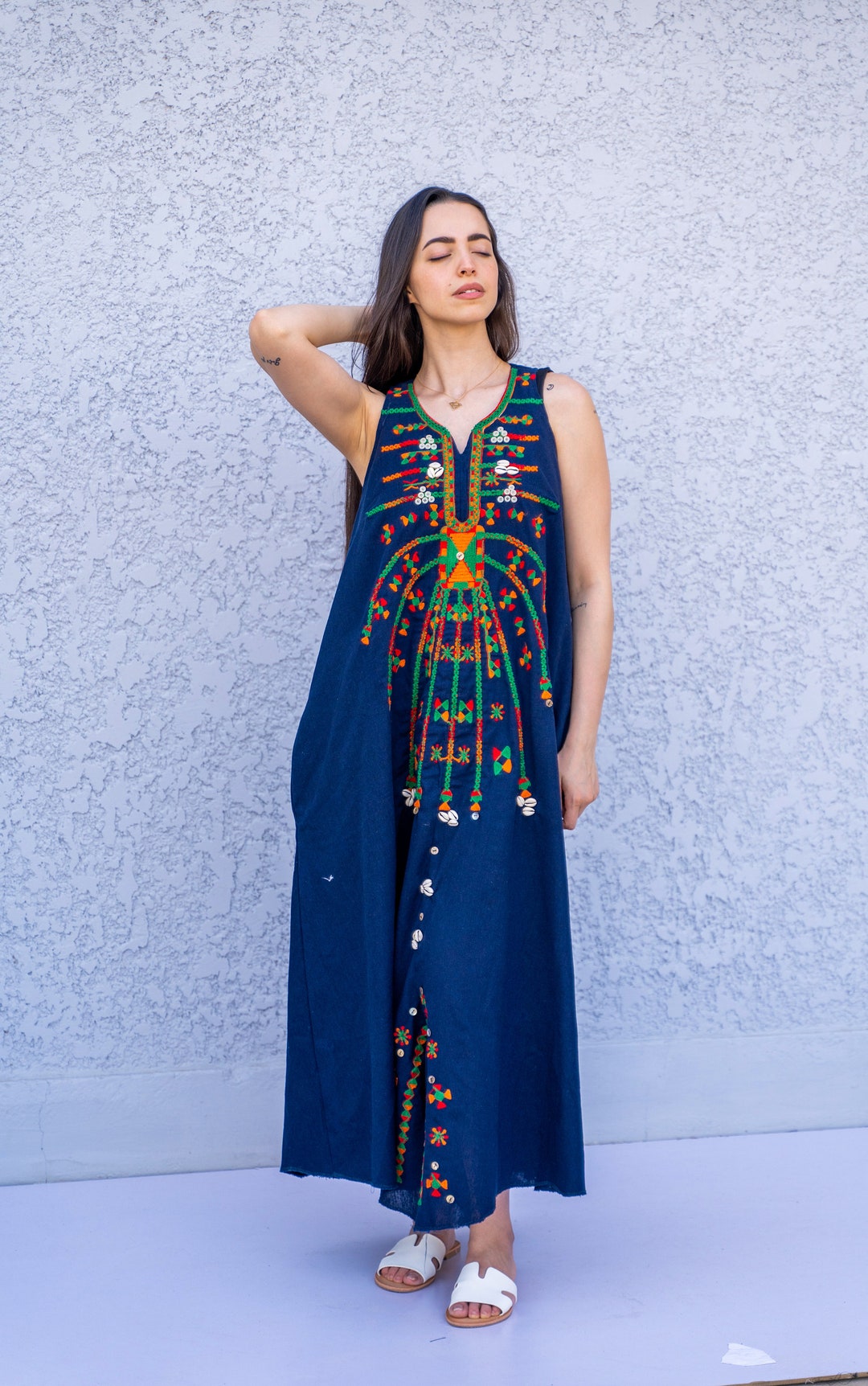 Boho Navy Blue Linen Caftan Dress, Siwa Embroidered Kaftan Dress, Boho