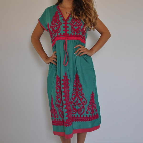 Turquoise Tunic embroidered kaftan dress, Boho embroidery tunic dress, Egyptian cotton. Summer, beach, resorts, adjustable waist, Gypsy