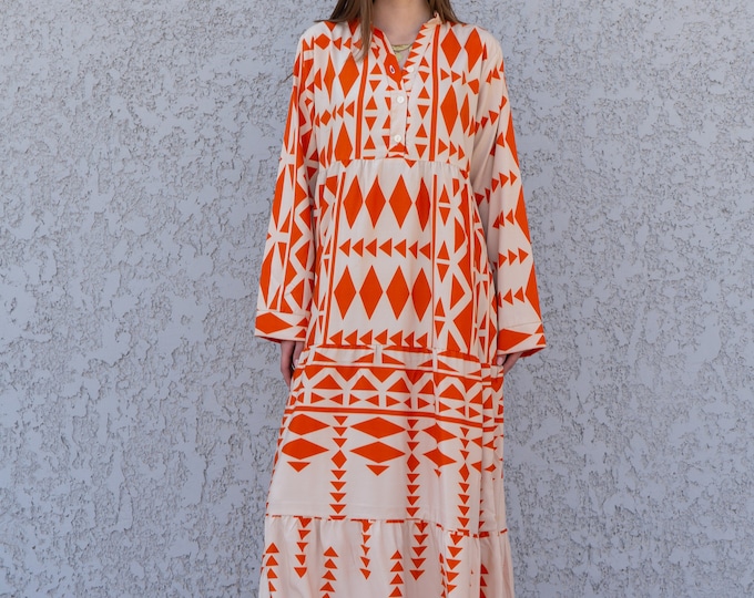Beautiful Orange Print Kaftan Dress, Caftans for Women, Boho Kaftan Dress, Caftans for Women