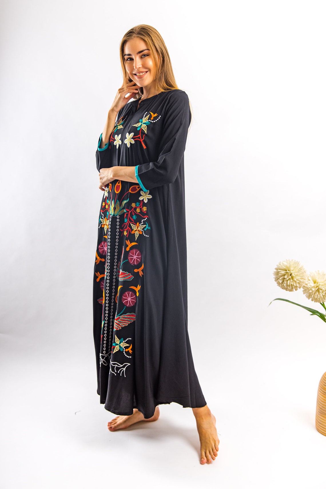 Black vibrant embroidered cotton caftan maxi dress caftans Etsy