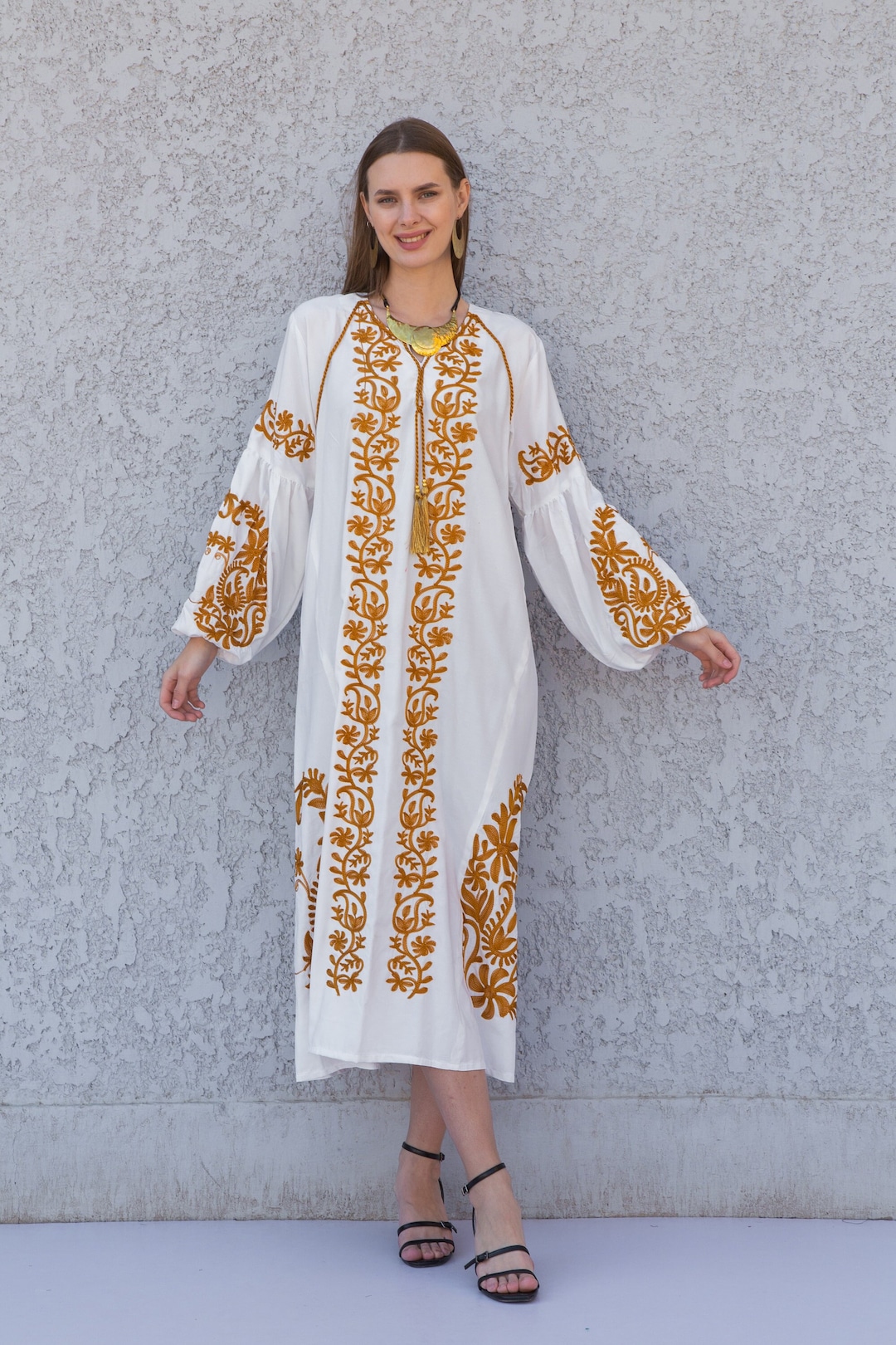 ★Ameri ELFIN EMBROIDERY CAFTAN DRESS Chic White Egyptian Cotton Kaftan Dress, Embroidered Tunic