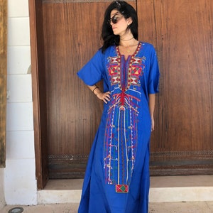 Siwa Blue Multicolor embroidered Kaftan dress, Cotton Kaftan, caftans for women, Summer Kaftan, Embroidered kaftan, caftans, Egyptian