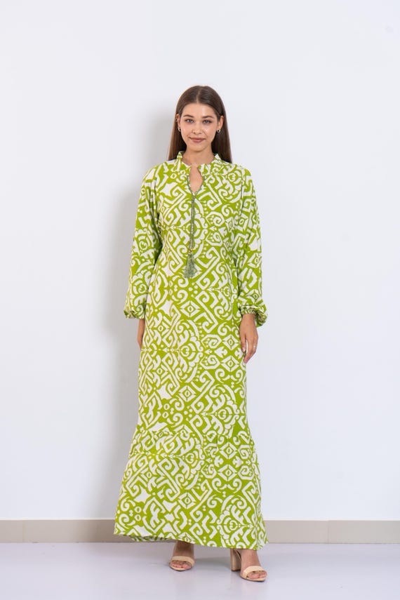 green and white geometric print dress Viscose Maxi – Puffy Sleeves Boho Caftan Resort Wear Zara
