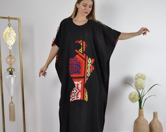 Boho Kaftan Dress, Black Cotton Maxi, Ramadan Embroidery, Maternity Style