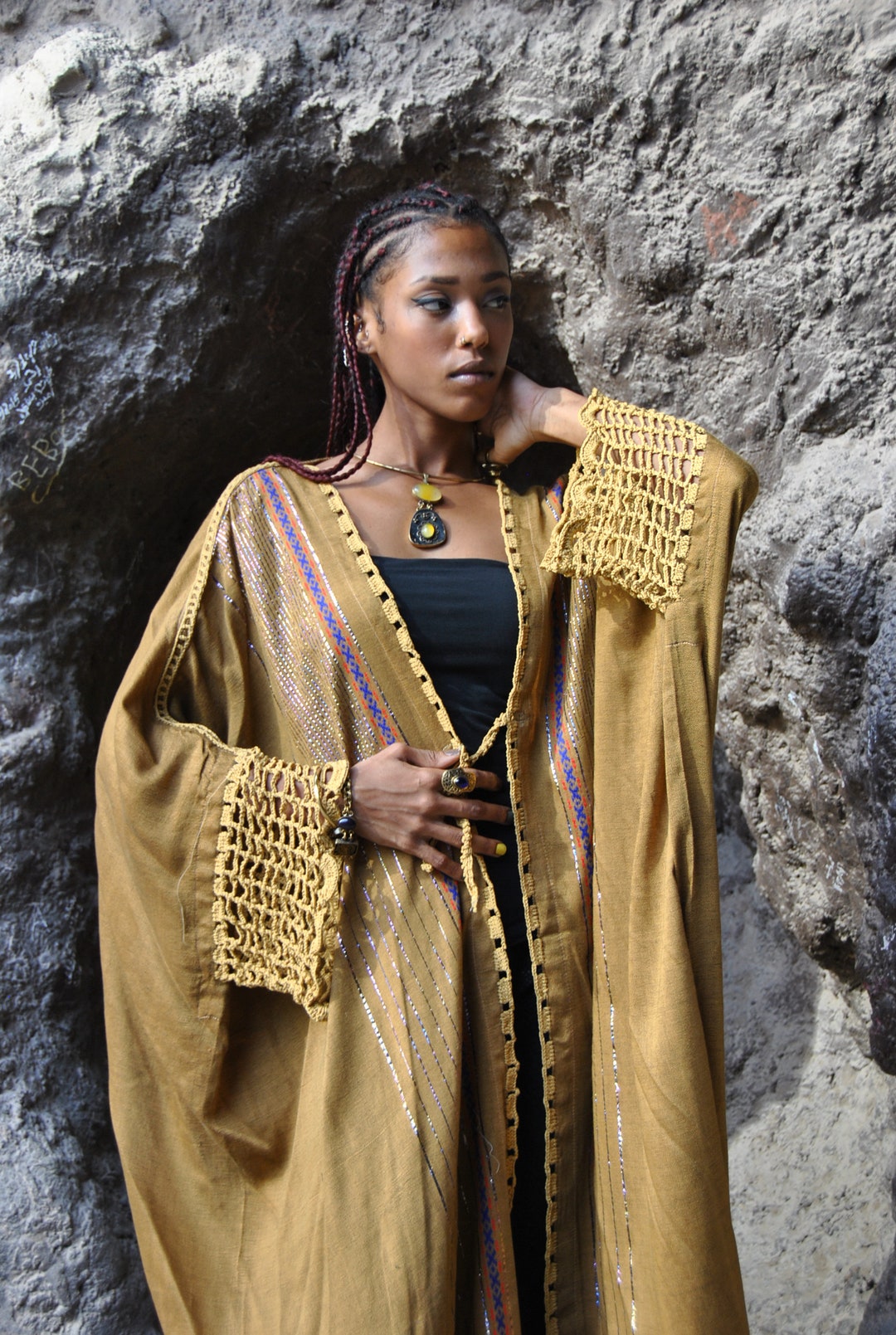 Egyptian Goddess Kimono, Hand Loomed Kimono With Crochet Details