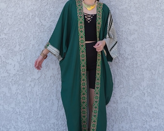 Abaya verte élégante en coton égyptien, abaya d'été, cardigans, kimono bohème, plumeau pour femme, cardigan bohème, plumeau, cardigan