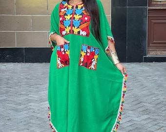 Bohemian Green Summer Caftan with pockets, Caftans for women, embroidered tunic kaftan, Linen/Poly embroidered tunic dress, Summer tunic