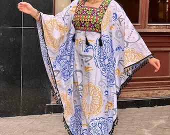 Boho Kaftan Dress, Beige Summer Caftan, Women's Flowy Loungewear, 100% Polyester