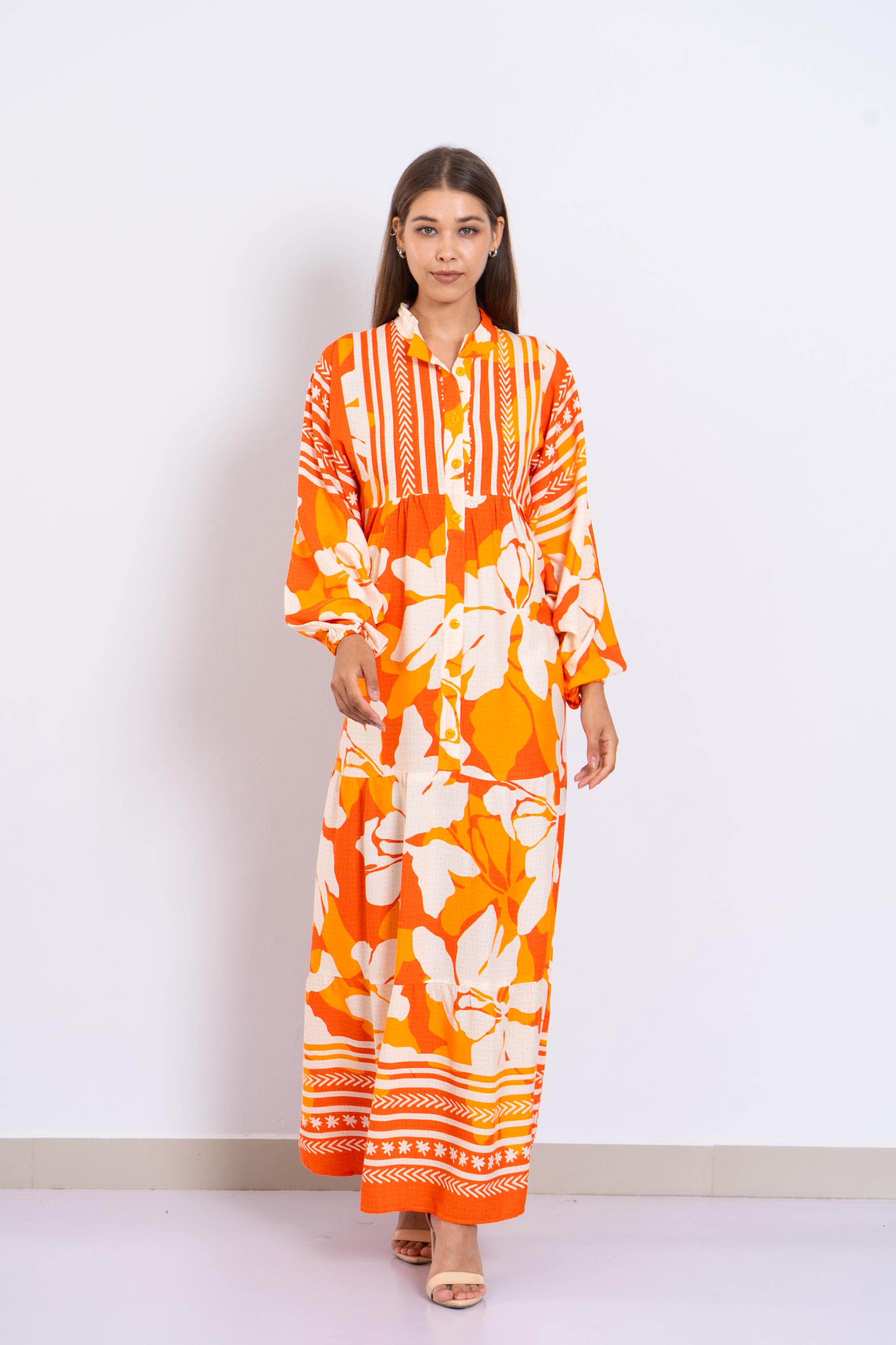 オレンジフローラルビスコースマキシドレス - パフスリーブの