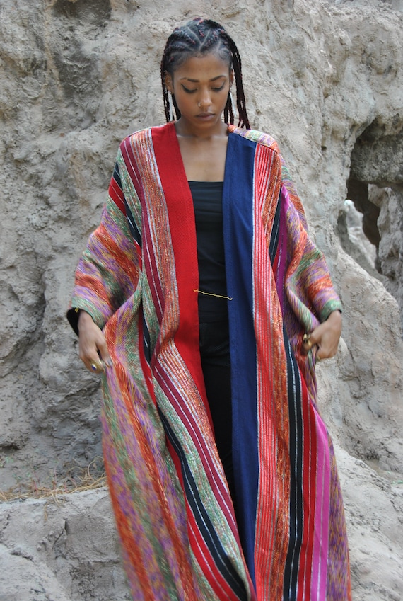 Bedouin Luxe Multicolor Hand Loomed Wool Kimono, Winter Wool