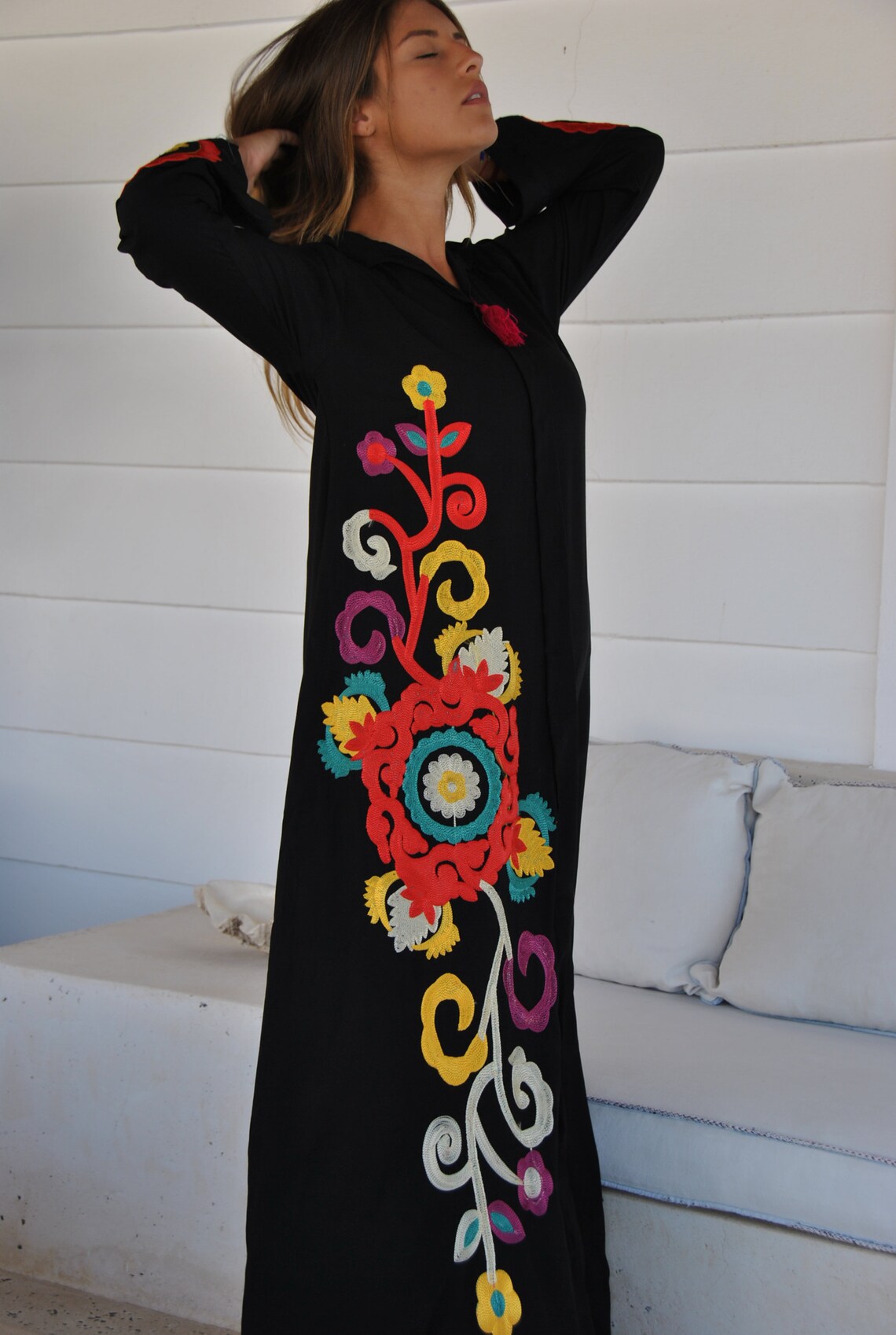 Beige and Pink Floral Embroidered Caftan main image 0