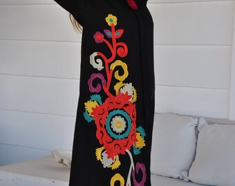 Black Flower Embroidered Caftan With Tassels, Summer Caftan