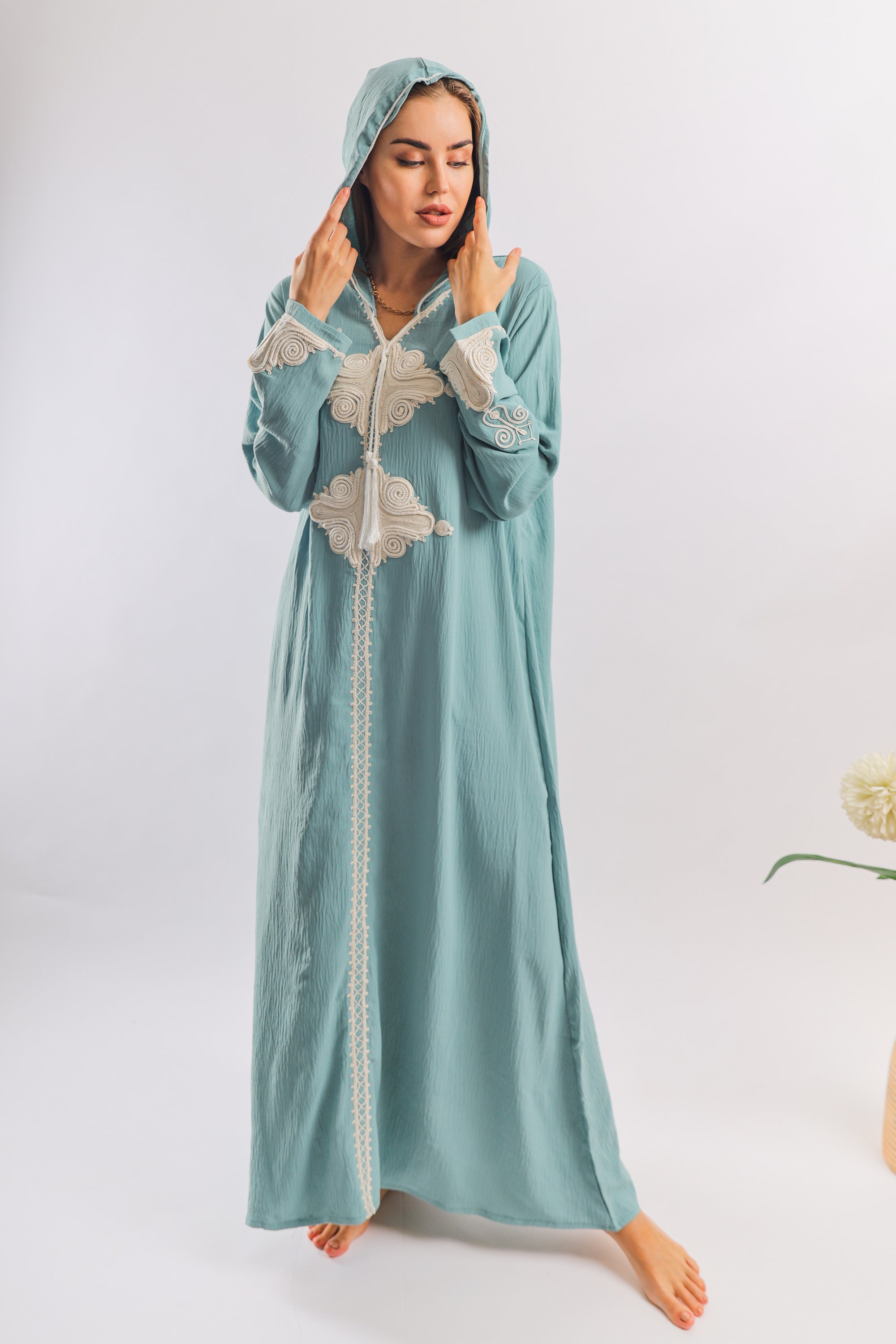 Hooded mint linen/cotton caftan chic embroidered caftan Etsy