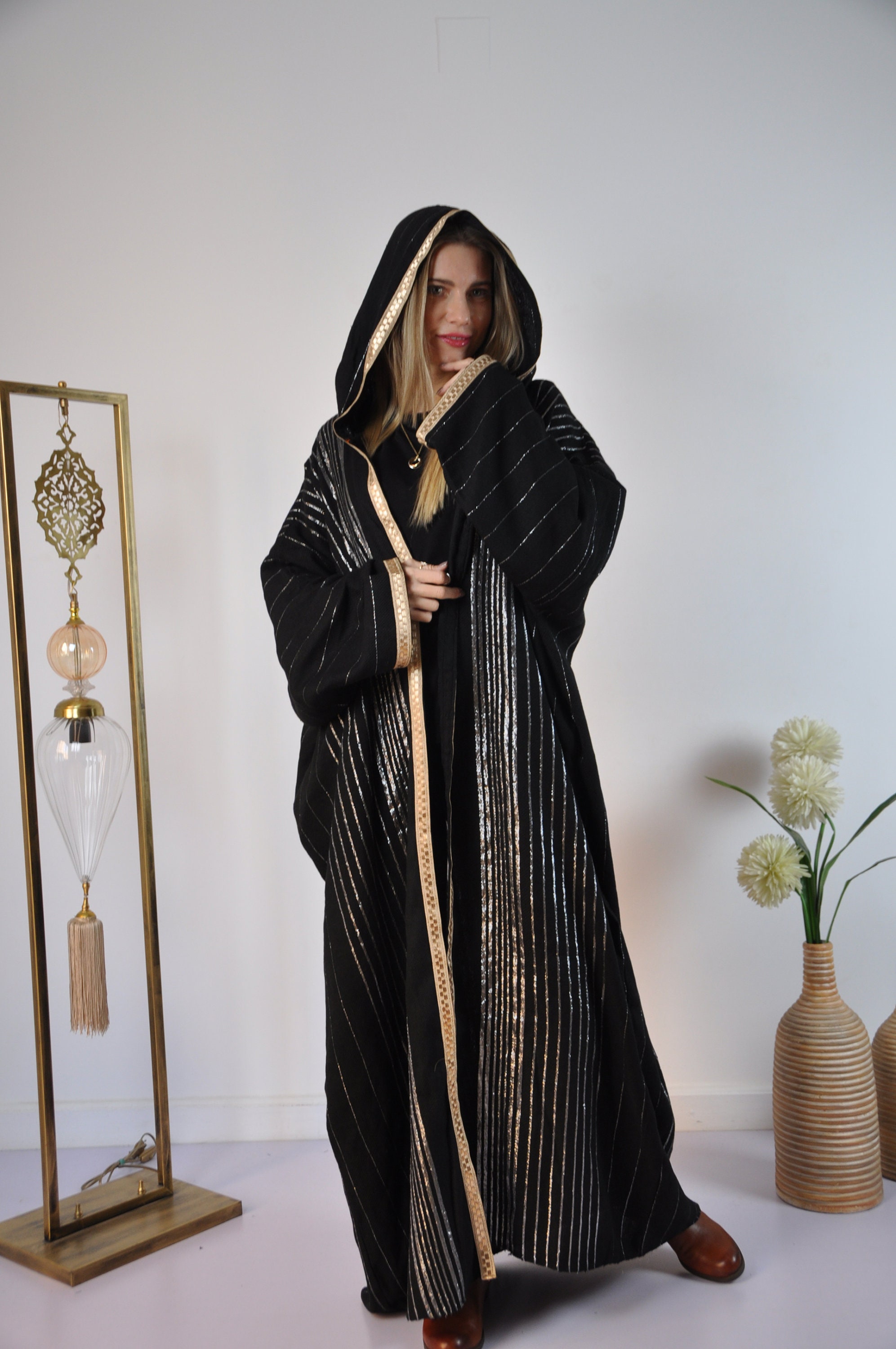 Black Wool Abaya, Hand-woven Metallic Lined, Moroccan Style