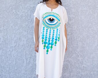 Vestido caftán de lentejuelas con forma de ojo turco, de algodón blanco, talla midi