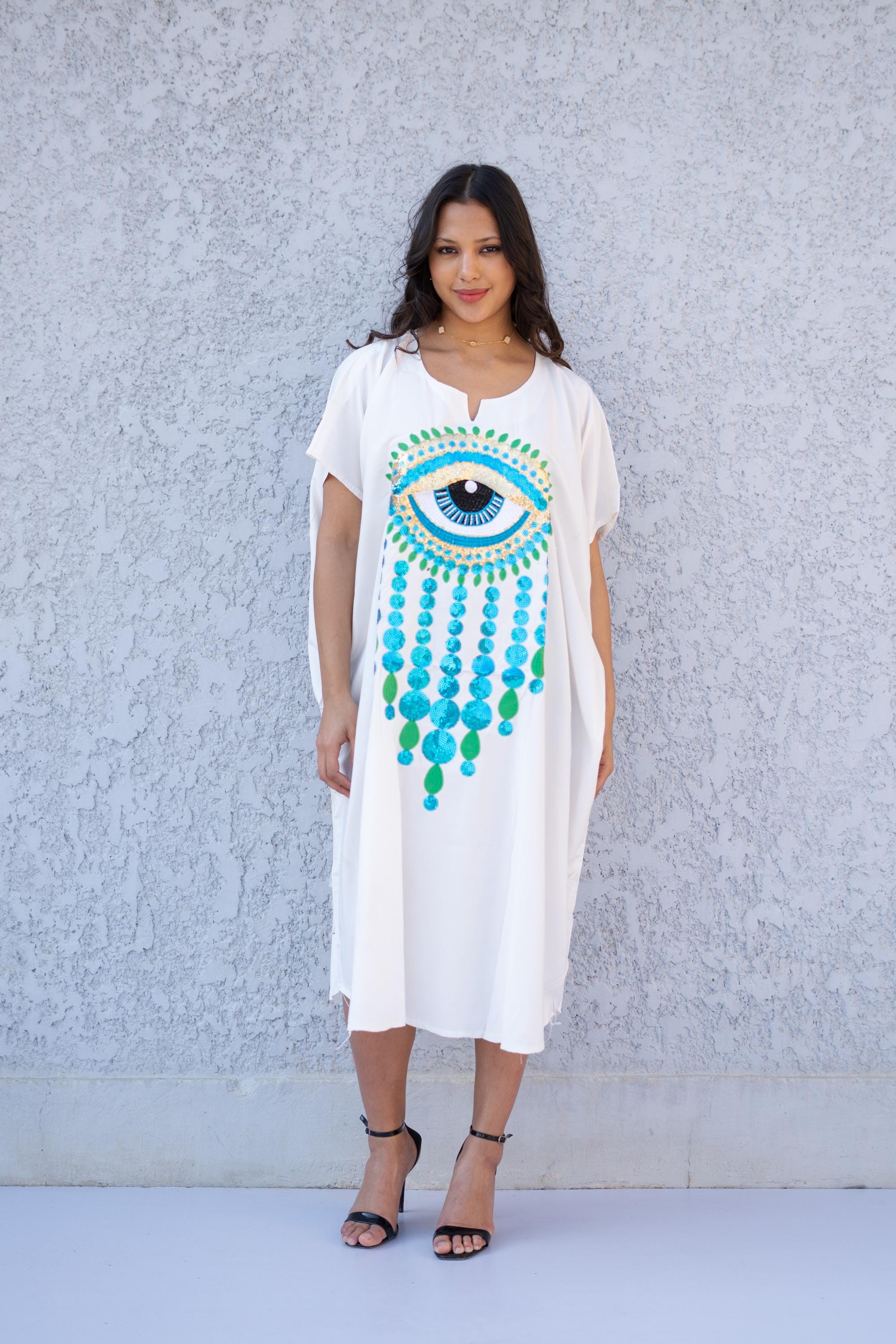 evil eye sequin dress Sequin Evil Eye Hamsa Kaftan: Boho Chic Tunic Protection Dress