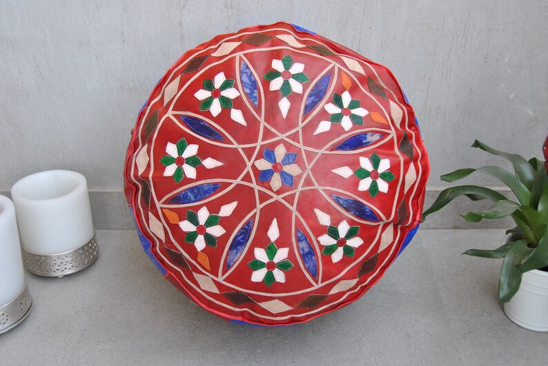 Genuine Leather Mandala Style Pouf Oriental Pouf Ottoman Pouf Moroccan Pouf Handcrafted Leather Bohemian Pouf