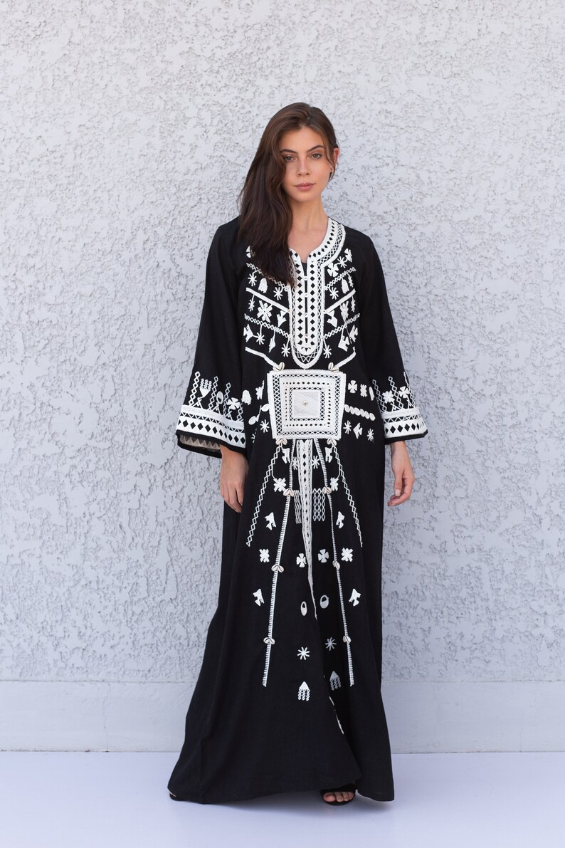 Stunning Black Siwa Embroidered Linen Caftan Cotton/linen Etsy