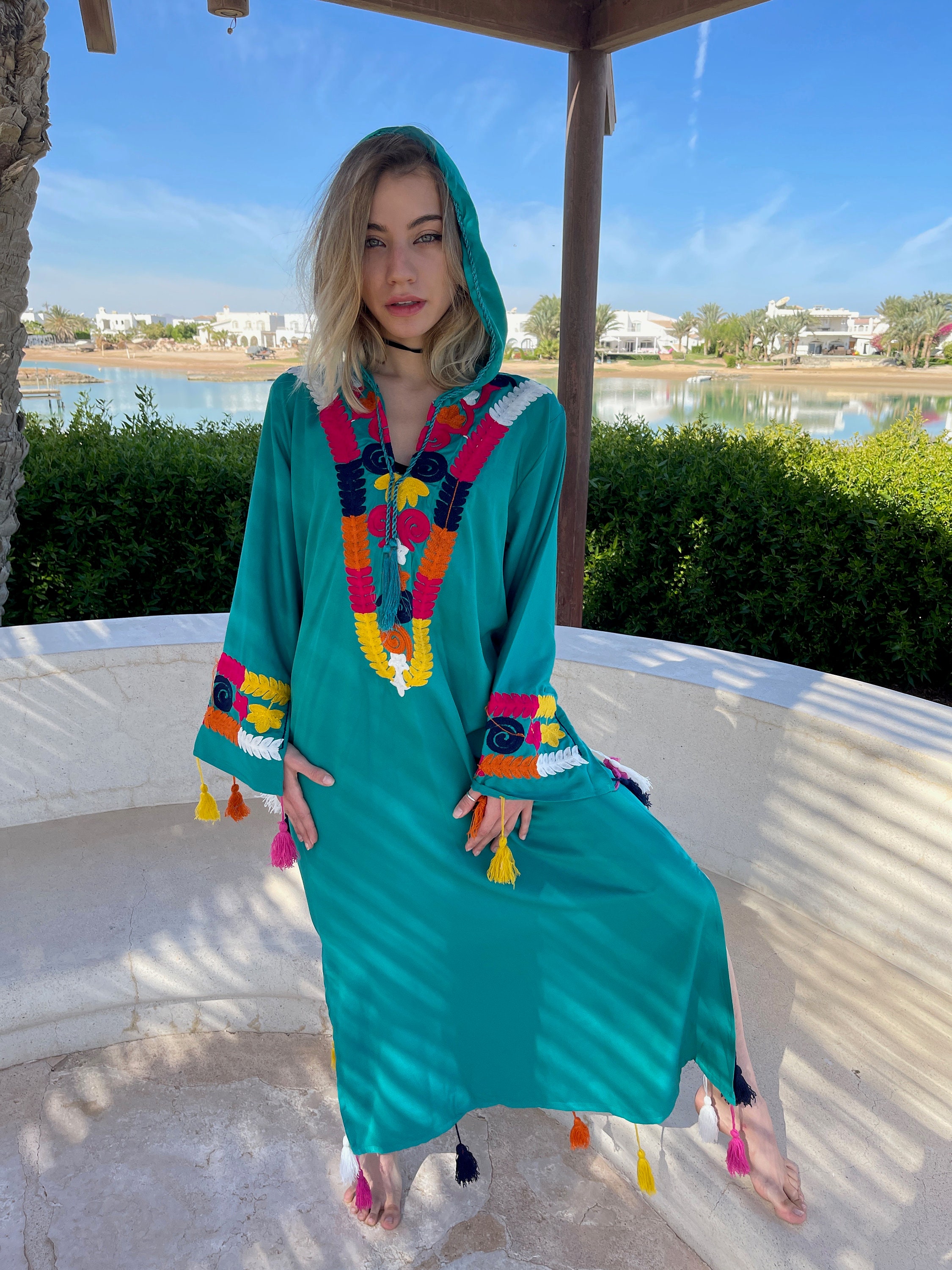 Turquoise Boho Caftan With Hoodie Long 