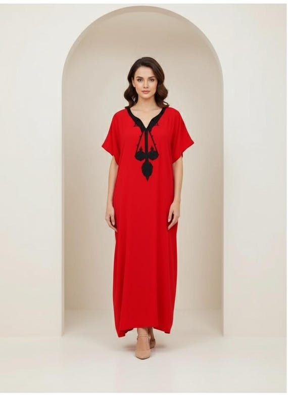 Red Kaftan Dress Maxi - Boho Moroccan Caftan with Black Embroidery, Loose Fit V Neck Abaya, Long Flowy Dress for Women