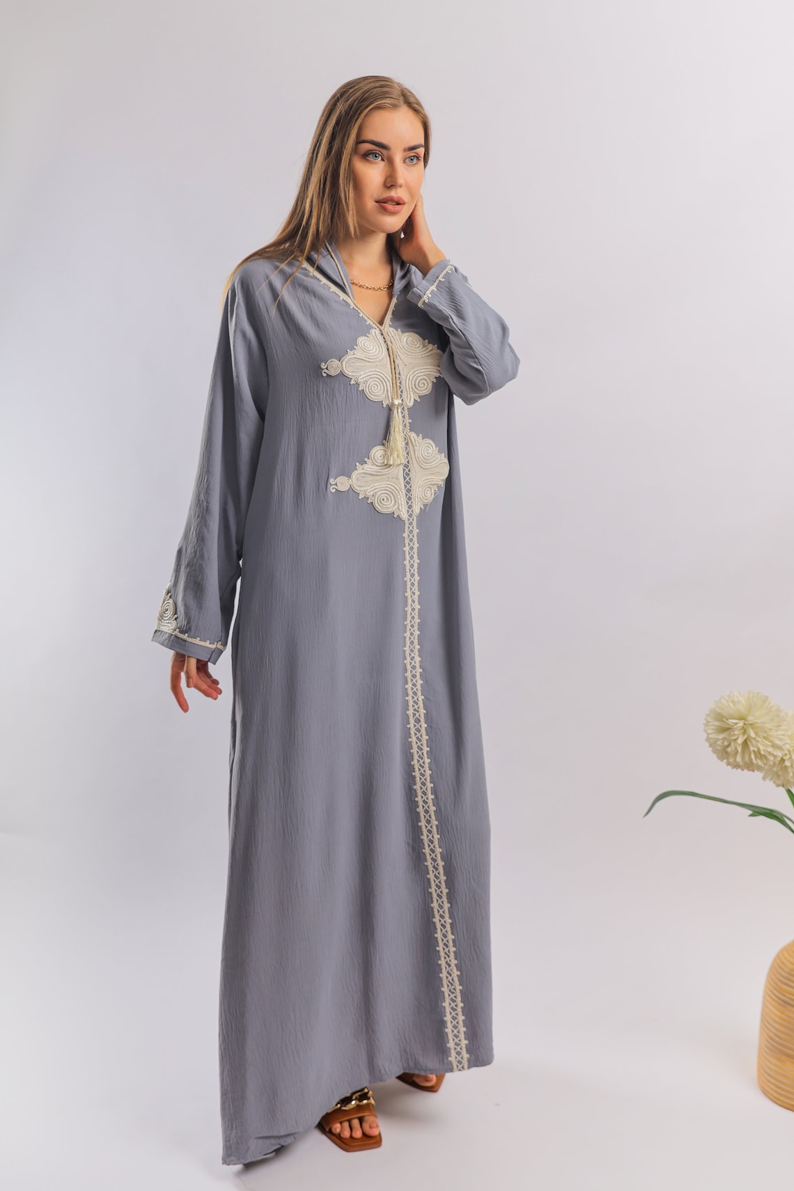 Extremely elegant Hooded grey linen/cotton caftan chic Etsy