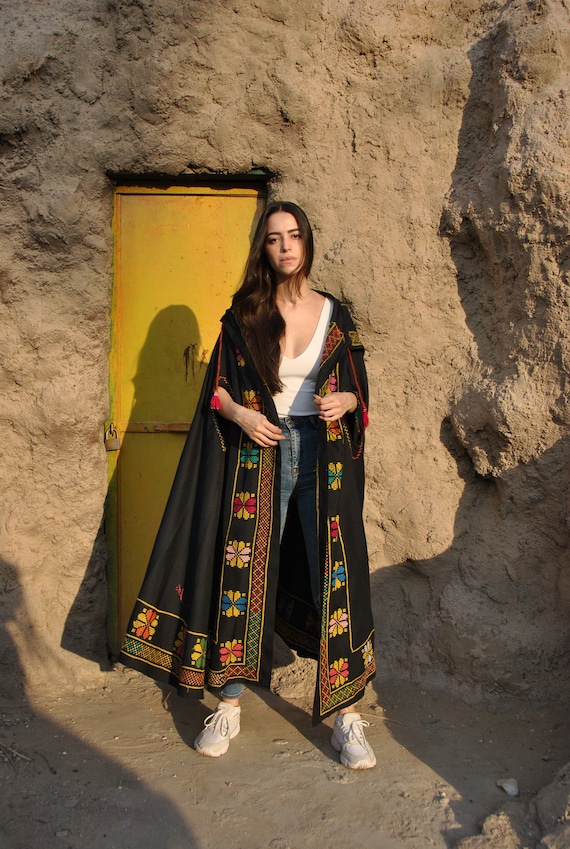 Hand Embroidered Wool Hooded Cape, Boho Tribal Moroccan Cloak - Etsy