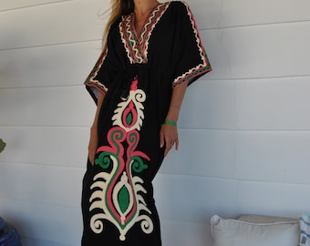 Abito kaftan ricamato a mano nera, abito Kaftan di cotone, kaftan ricamato, kaftani da donna, caftani per donne, caftani, kaftani estivi