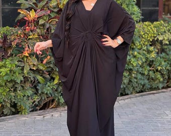 Chic Schwarzer Crepe Kaftan, Loose Fit Marokkanisches Kleid, Eleganter Kaftan