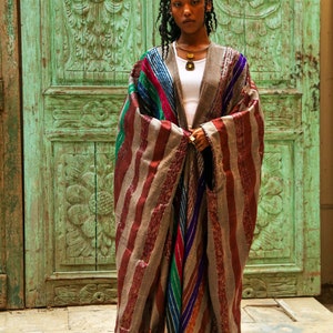 Stunning colorful hand loomed Cotton Abaya with silver threads, Summer Egyptian cotton Abaya,   Colorful Abaya, Handmade Abaya, women abaya