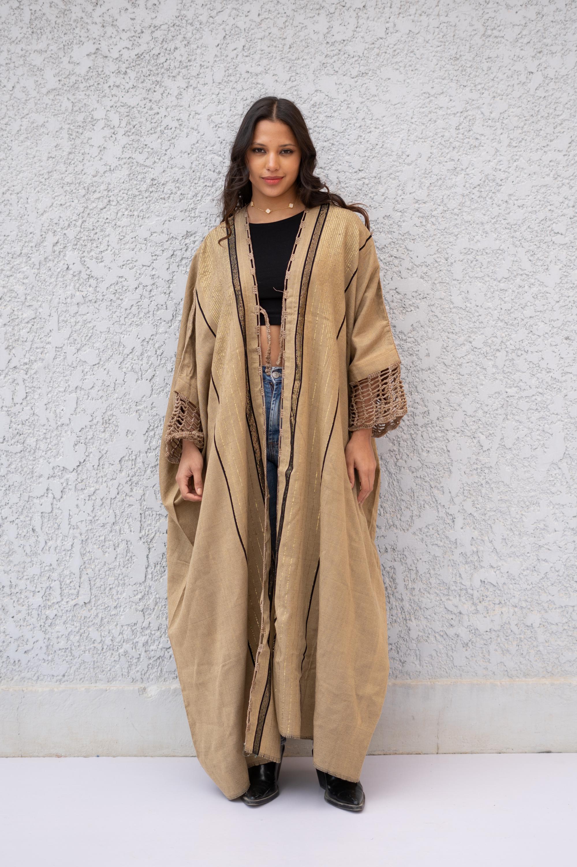 Hand Loomed Wool Cotton Abaya, Gold Thread Kimono, Crochet Detail