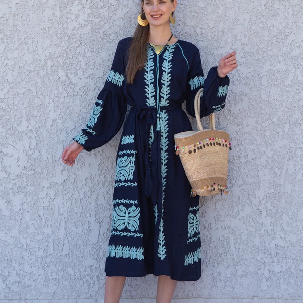 Chic Midi Navy blue cotton caftan, Summer kaftan dress, embroidered tunic dress, caftans for women, Egyptian cotton. Summer caftan, festival