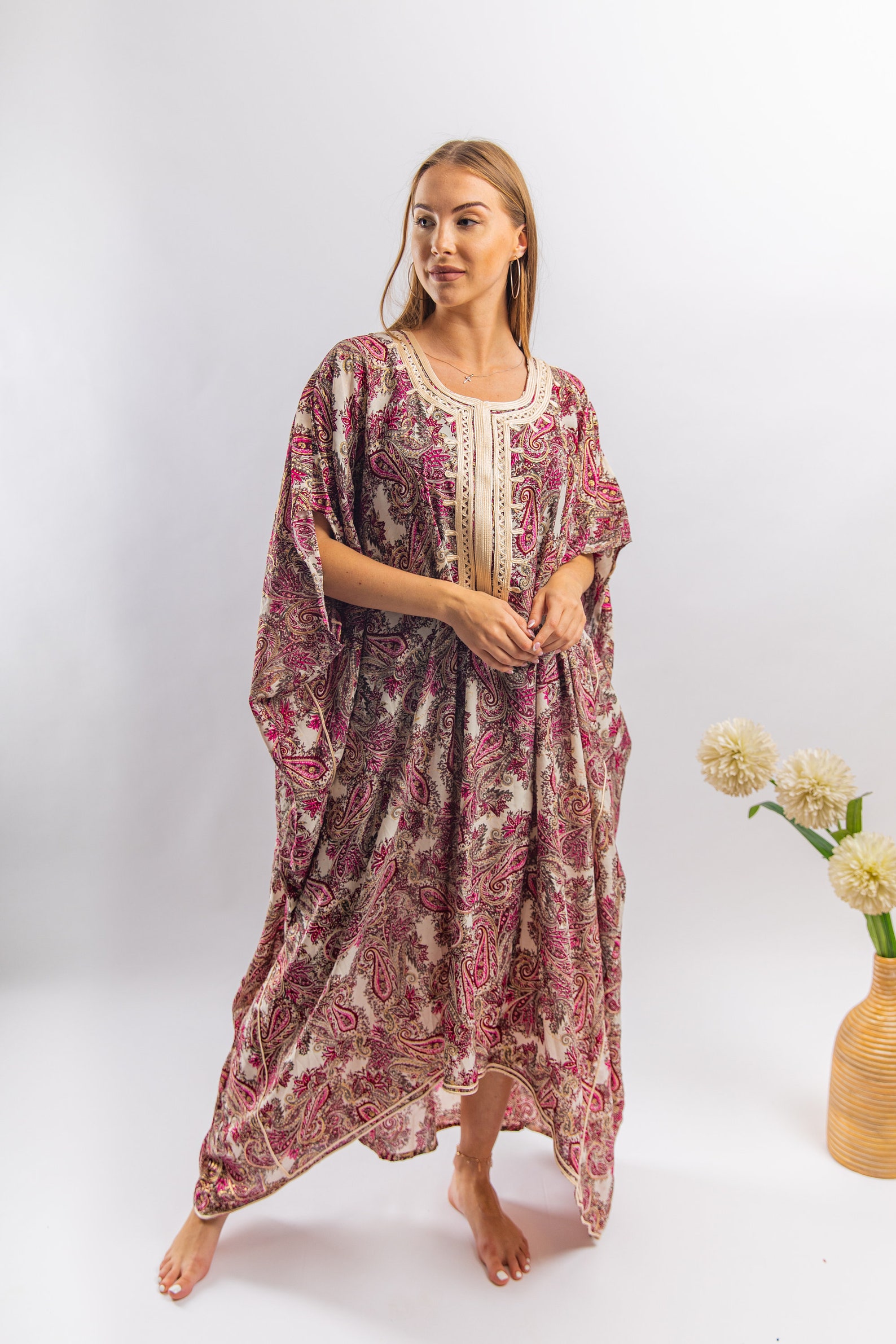 Burgundy Print Plus Size Cotton Caftan Butterfly Caftan Etsy