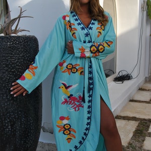 Turquoise birds embroidered caftan, Open slit Cotton caftan dress, African women clothing, Bohemian maxi dress, Boho summer caftan, kaftans