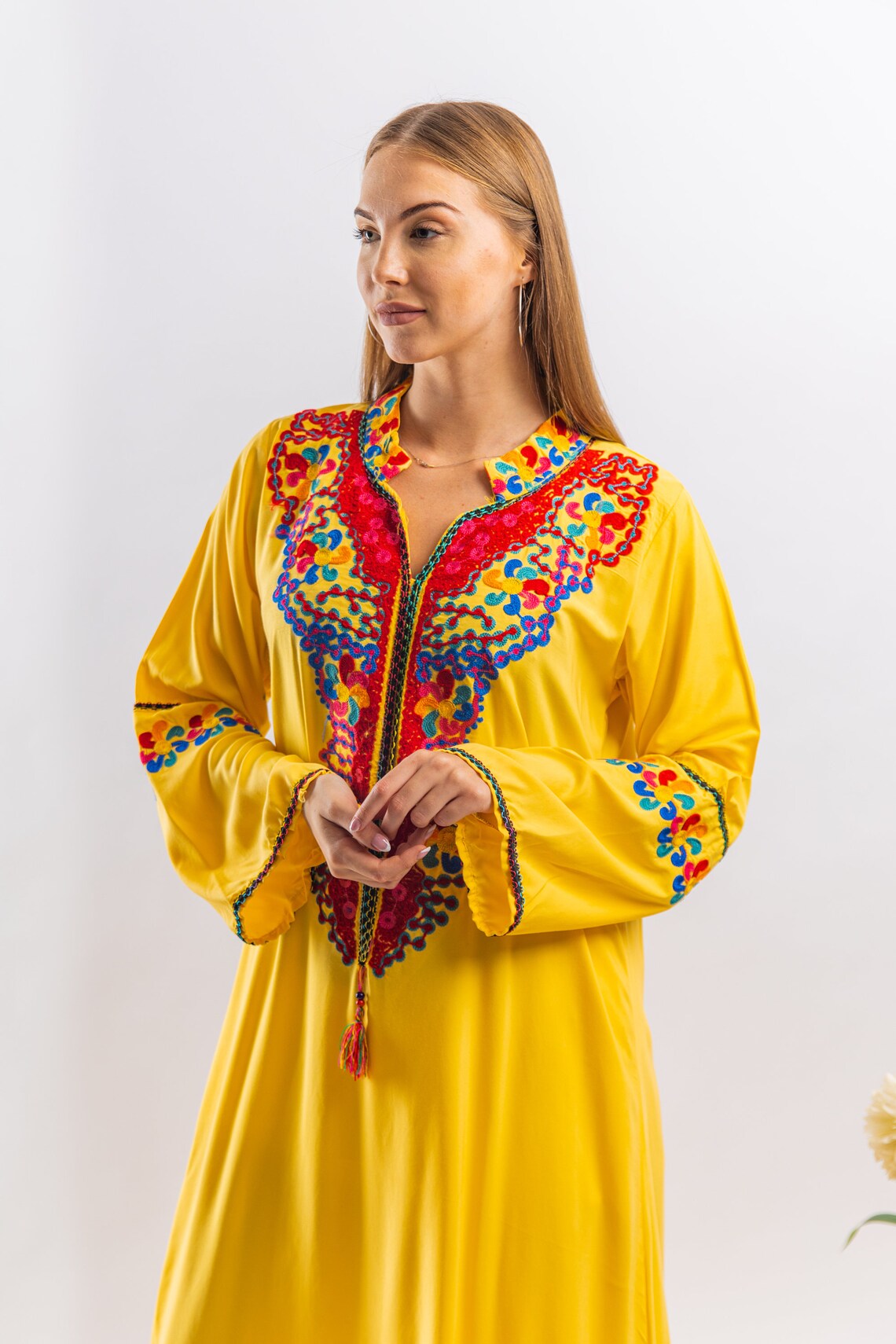 Yellow bohemian embroidered cotton caftan embroidered Caftan | Etsy