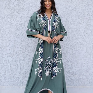 Teal Turquoise embroidered caftan, Cotton caftan dress, African women clothing, Boho maxi dress, Bohemian maxi dress, Boho summer caftan