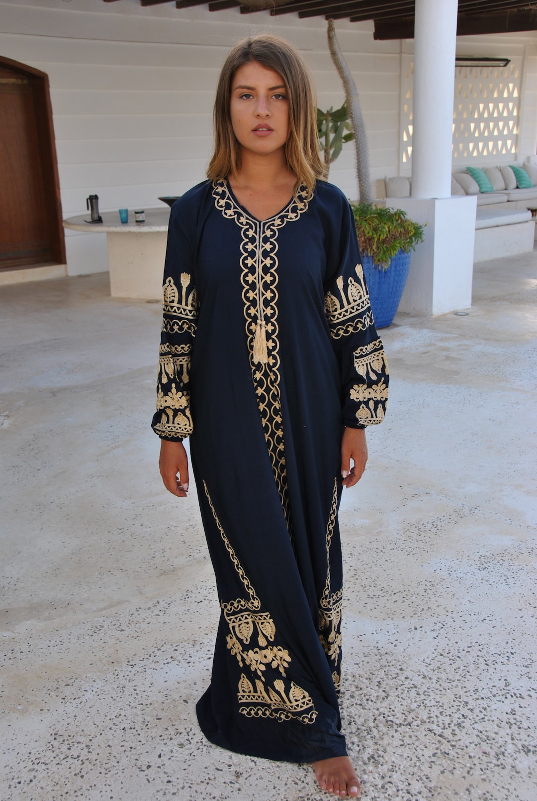 Navy Blue Embroidered Caftan, Women's Caftan, Wedding Dress