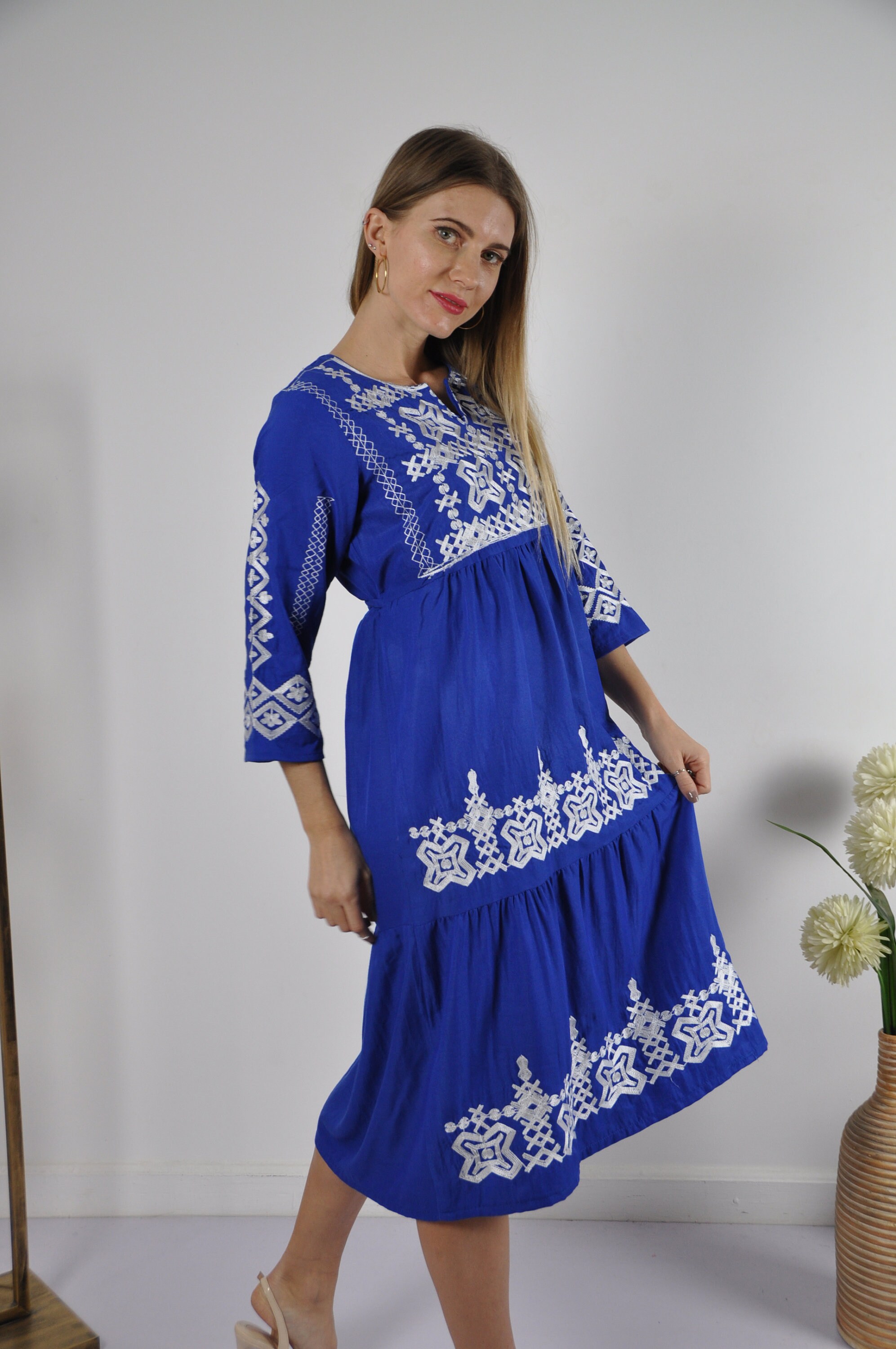 Blue Long Sleeve Embroidered Tunic Dress, Boho Tunic Dress, Summer ...