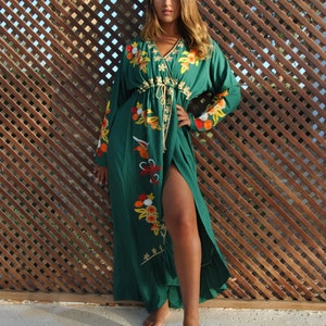 Green birds embroidered caftan, Open slit Cotton caftan dress, African women clothing, Bohemian maxi dress, Boho summer caftan, kaftans