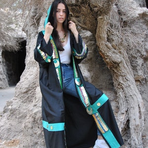 Black Kimono hooded jacket with hand stitched coins and accessories, festival Kimono, bedouin kimono, Cotton Kimono, unique kimono