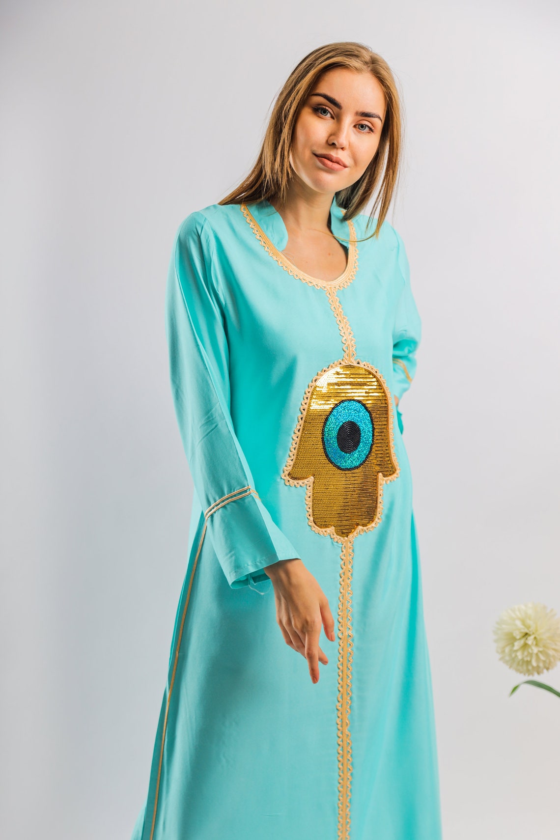Black Aqua cotton Caftan with shiny sequin Hamsa caftans for | Etsy