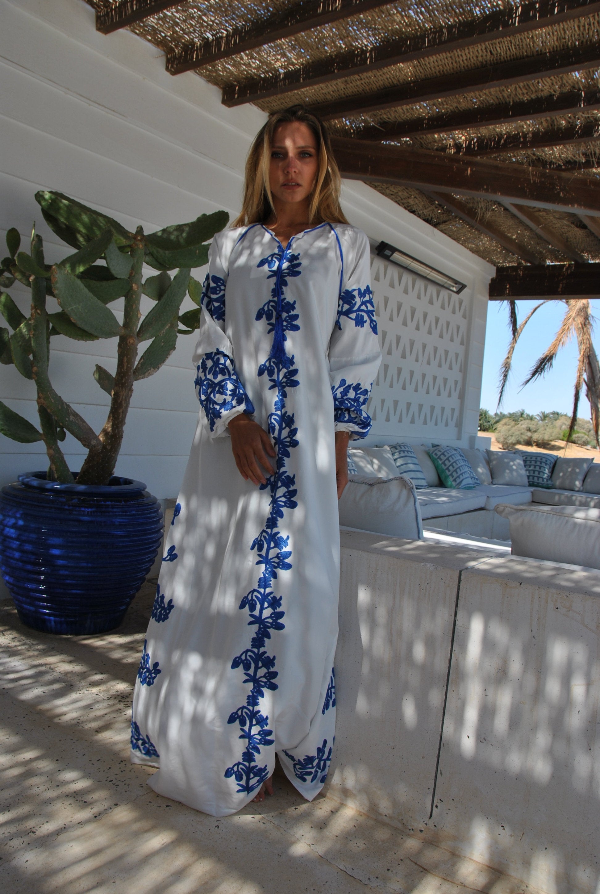 White Embroidered Cotton Caftan, ,caftans for Women, Kaftan