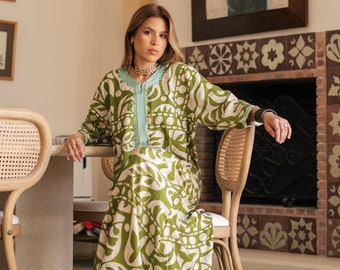 Chic green print Summer embroidered Kaftan, Caftan, caftans for women, Boho Kaftan dress, Caftans for women, summer kaftans, women
