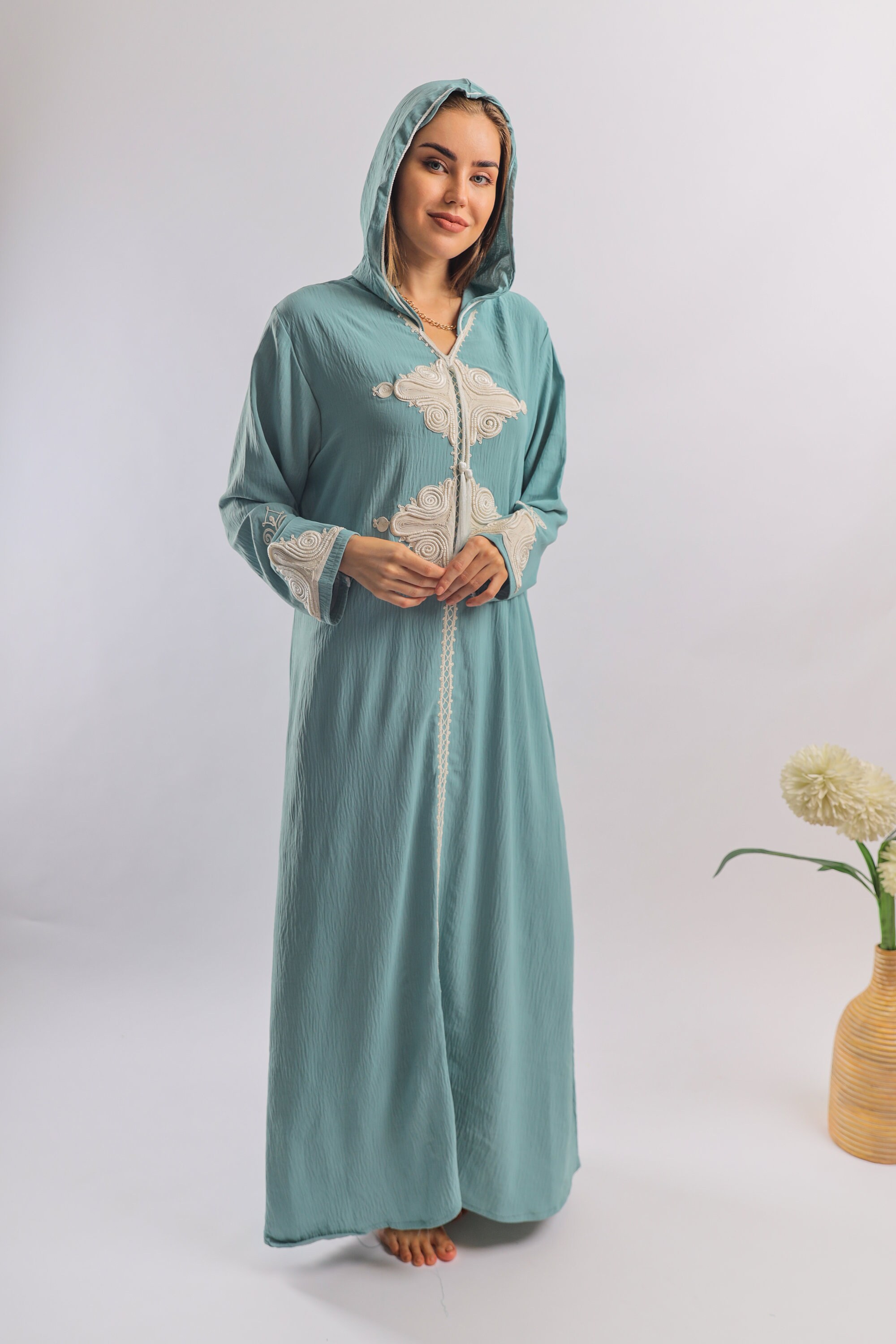 Hooded mint linen/cotton caftan chic embroidered caftan Etsy