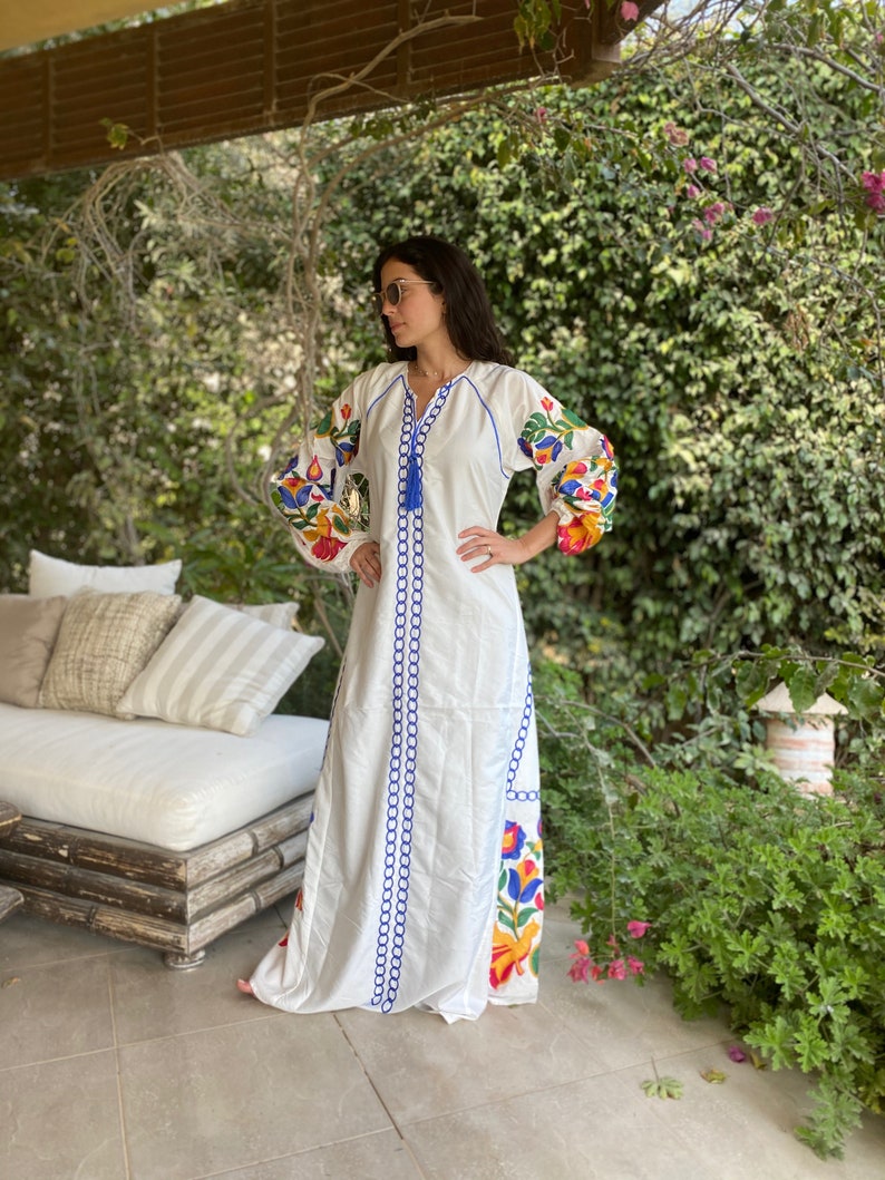 Boho white summer Kaftan, Long sleeve cotton Kaftan dress, Colorful embroidered Kaftan dress, kaftan maxi dress, Caftans for women, Caftans 